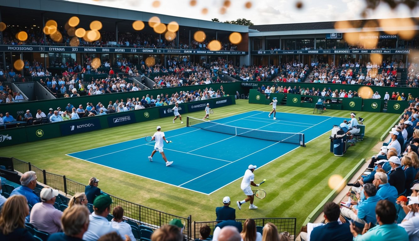 Sebuah lapangan tenis dengan pemain yang sedang beraksi, dikelilingi oleh penonton dan papan taruhan