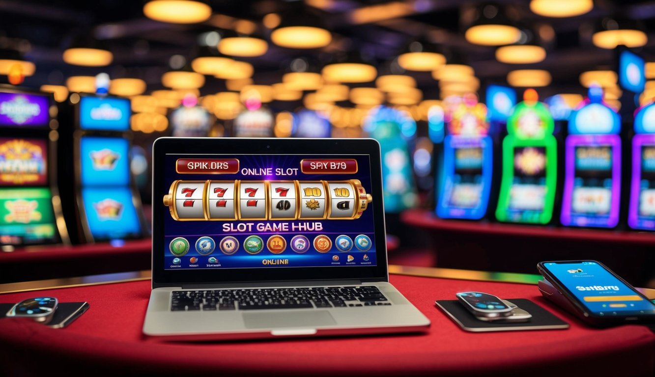 Sebuah pusat permainan slot online yang penuh warna dengan berbagai jenis permainan dan penyedia terkemuka