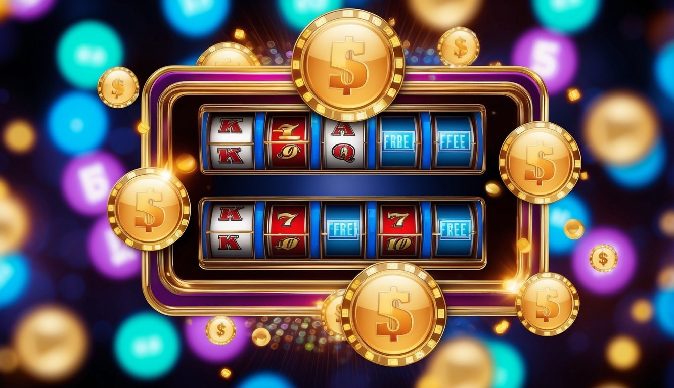 Sebuah mesin slot online yang cerah dikelilingi oleh simbol bonus yang bersinar dan ikon putaran gratis