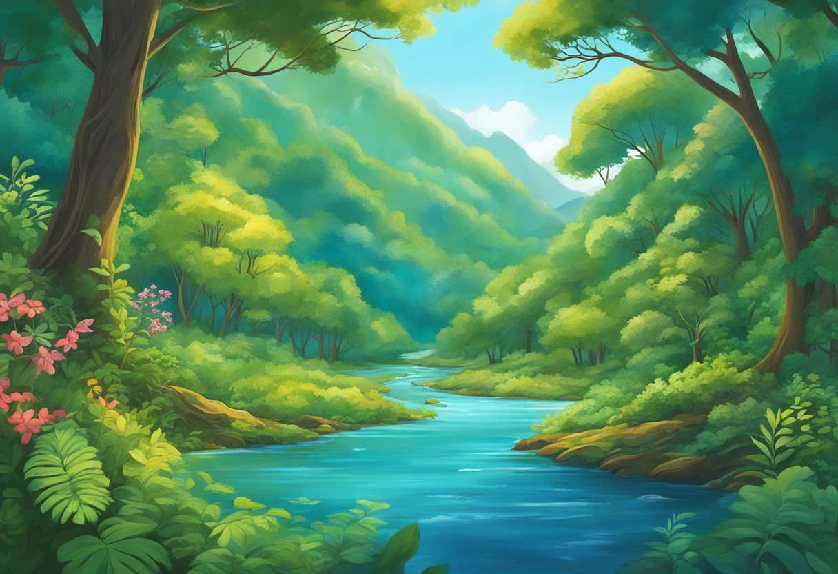 A lush, vibrant forest with diverse flora and fauna, interconnected by flowing rivers and streams, under a clear blue sky, symbolizing the healing of the planet through individual transformation