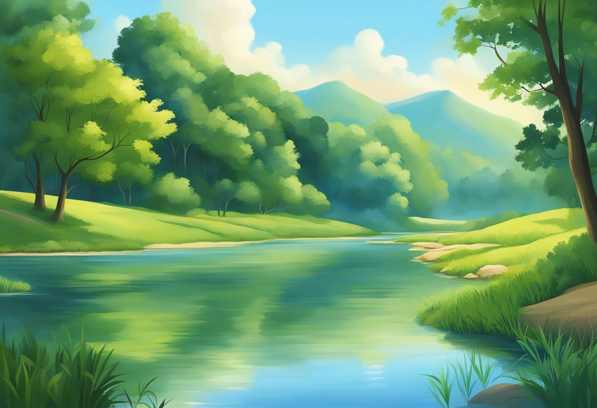 A serene landscape with a tranquil river, lush greenery, and a clear blue sky, evoking a sense of peace and harmony