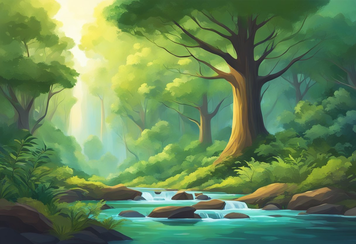 A lush, vibrant forest with trees reaching towards the sky, surrounded by clear, flowing streams and diverse wildlife