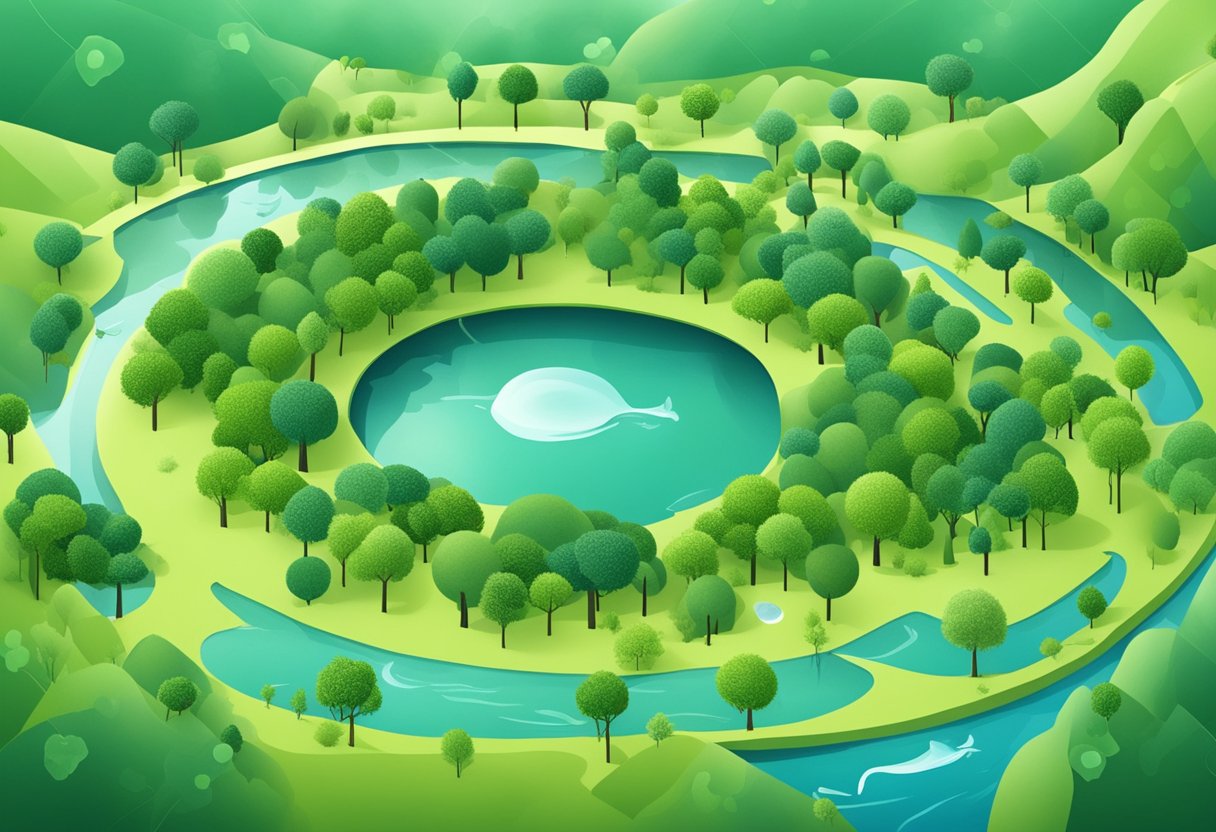 A lush green planet with diverse ecosystems, surrounded by clean air and water. Renewable energy sources power sustainable communities