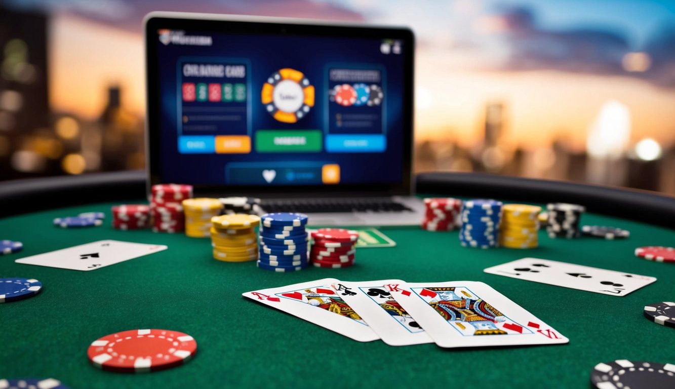 Sekelompok kartu bermain berwarna-warni tersebar di atas meja felt hijau, dengan chip poker dan antarmuka perjudian online yang ramping di layar digital di latar belakang