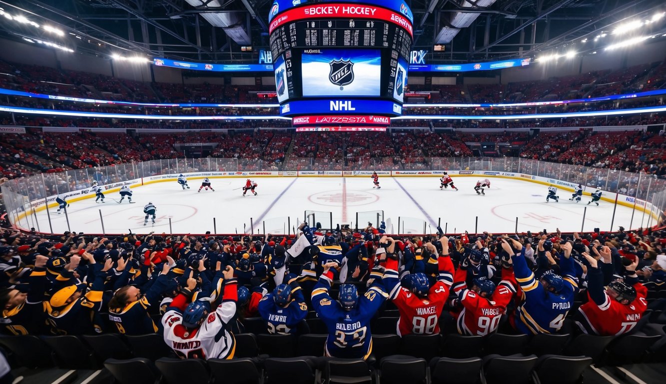 Sebuah arena hoki yang dipenuhi dengan penggemar yang bersorak, pemain yang beraksi di atas es, dan papan skor yang menampilkan tim NHL yang bersaing