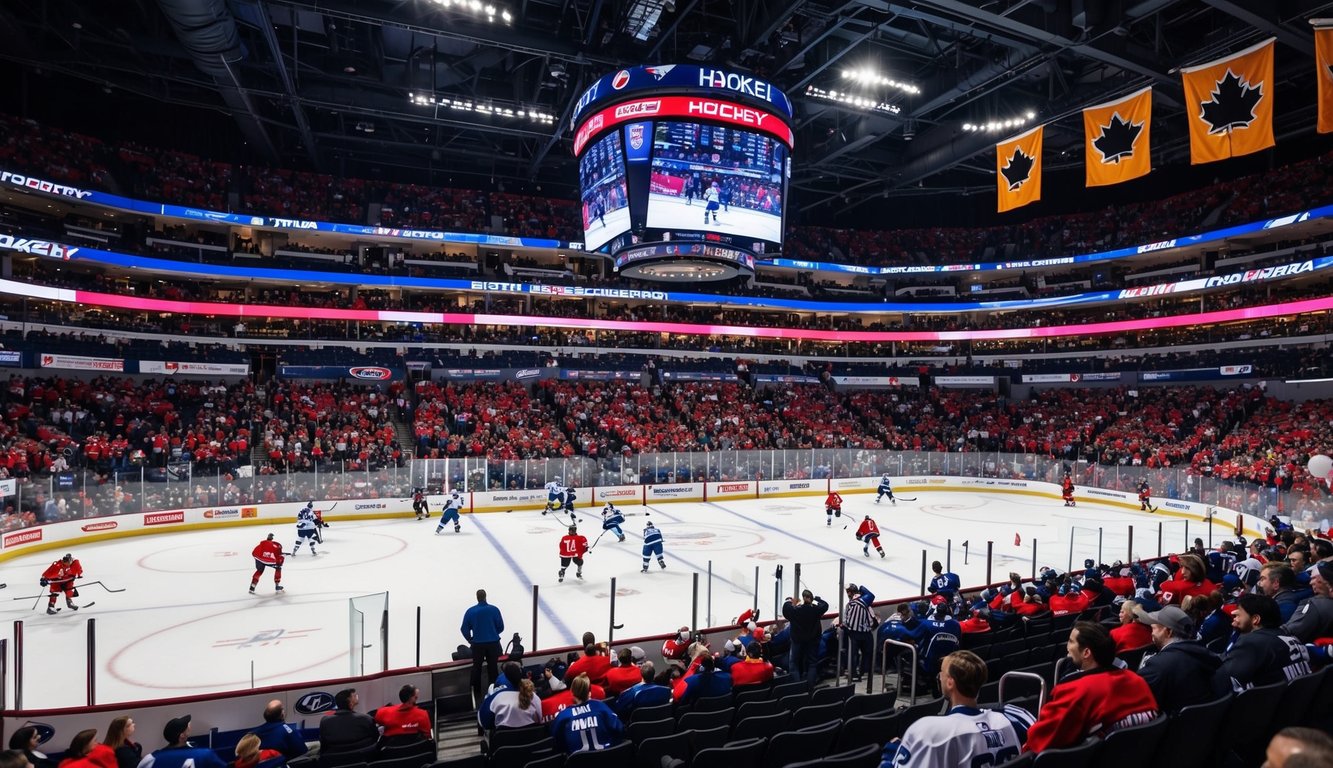 Sebuah arena hoki yang ramai dengan pemain di atas es dan penggemar di tribun, bersorak dan melambai-lambaikan bendera tim