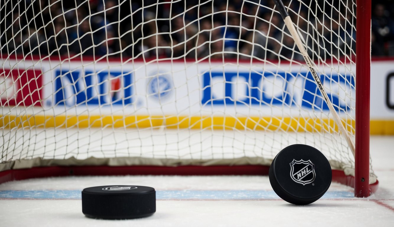 Puck hoki dan jaring gawang dengan logo NHL