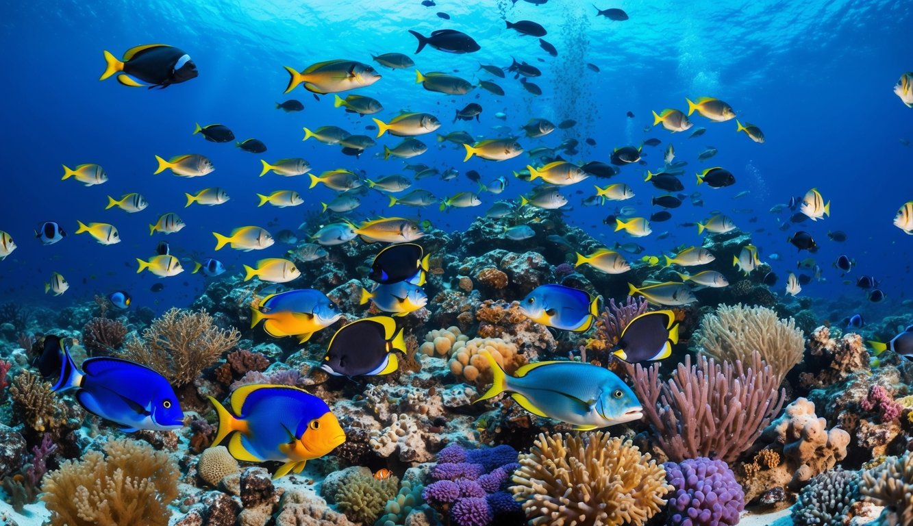 Sebuah dunia bawah laut yang ramai dengan ikan berwarna-warni, terumbu karang, dan berbagai makhluk laut, dengan suasana kegembiraan dan kompetisi di udara.