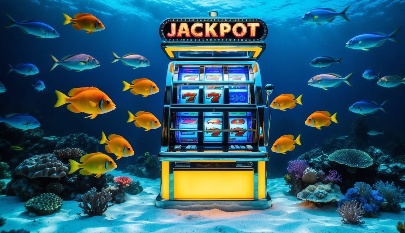 Dunia bawah laut yang hidup dengan ikan berwarna-warni dan mesin slot jackpot besar yang bersinar dikelilingi oleh makhluk laut yang bersemangat