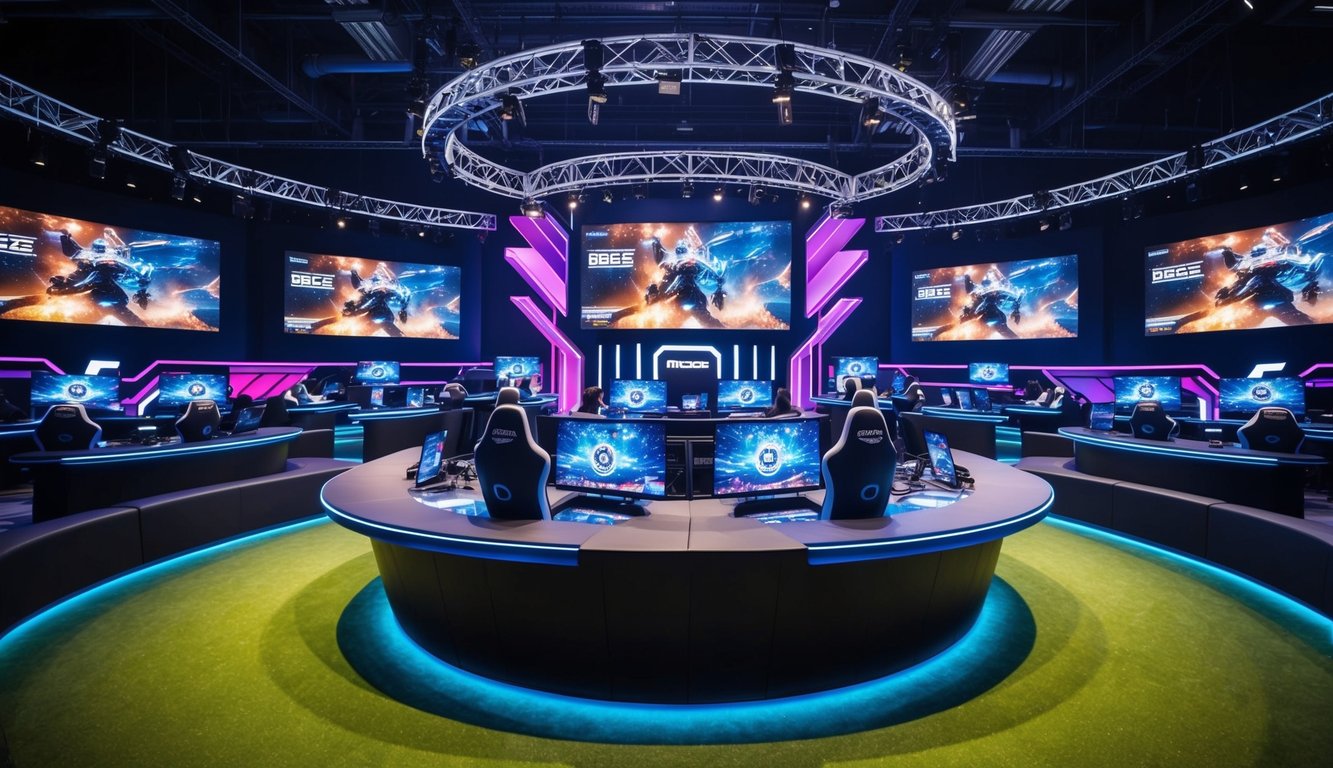 Arena taruhan esports yang hidup dengan dekorasi futuristik dan layar besar yang menampilkan aksi permainan yang intens