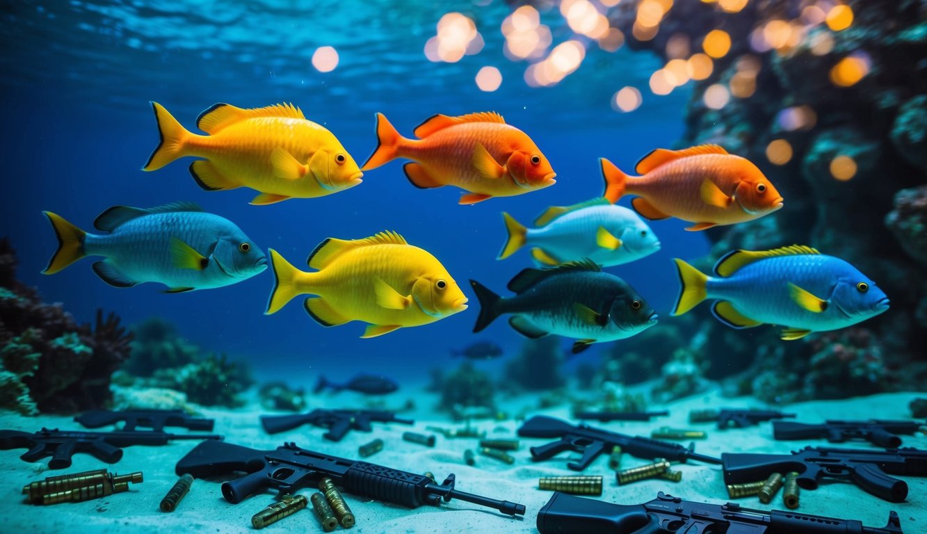 Sekelompok ikan berwarna-warni berenang di dunia bawah laut yang hidup dengan berbagai senjata dan amunisi yang tersebar di sekitarnya