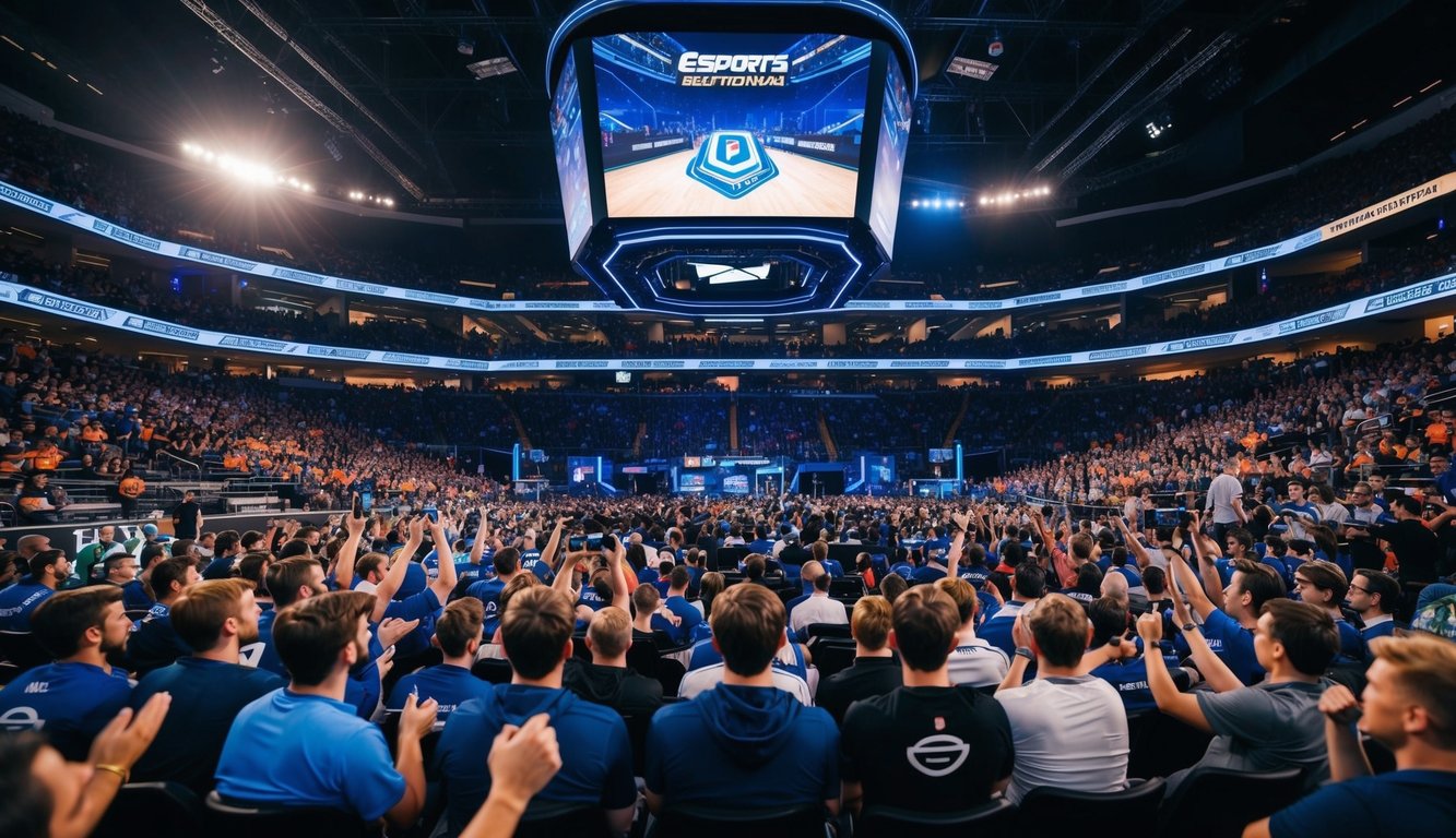 Sebuah arena yang ramai dengan layar berteknologi tinggi dan penggemar yang bersorak di acara taruhan esports