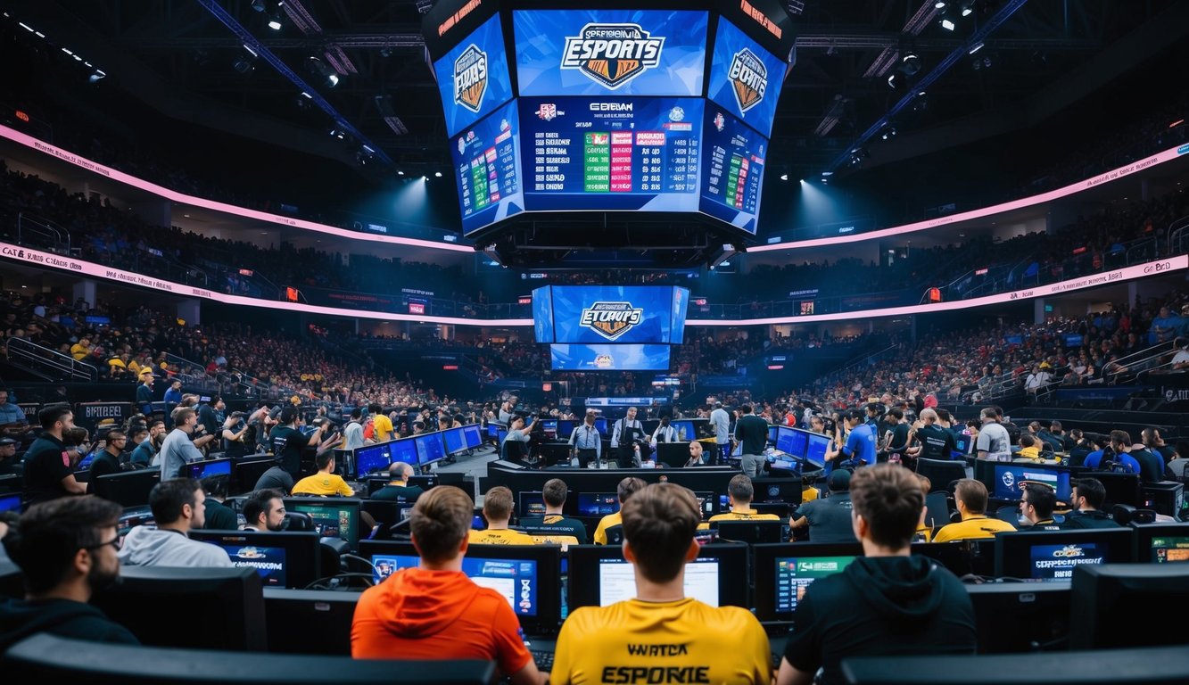 Sebuah arena esports yang ramai dengan banyak layar dan papan skor digital besar, sementara para penggemar dan komentator menonton dan bereaksi terhadap peluang taruhan langsung