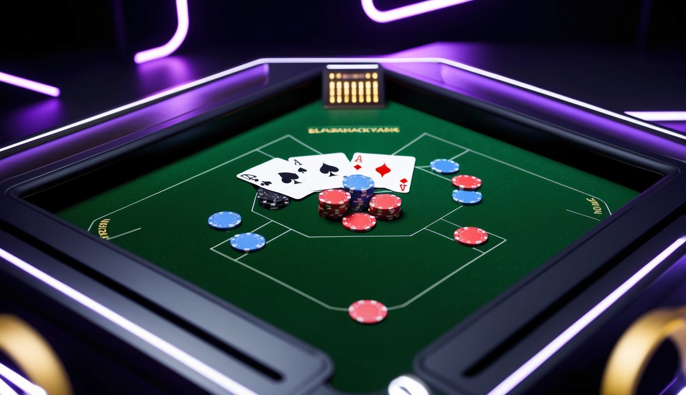 Meja blackjack digital dengan kartu dan chip virtual, dikelilingi oleh antarmuka yang ramping dan modern, dengan latar belakang gelap dan aksen neon