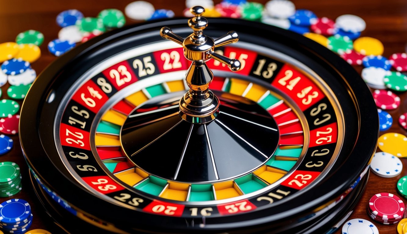 Roda roulette berputar dengan chip berwarna-warni tersebar di sekitarnya