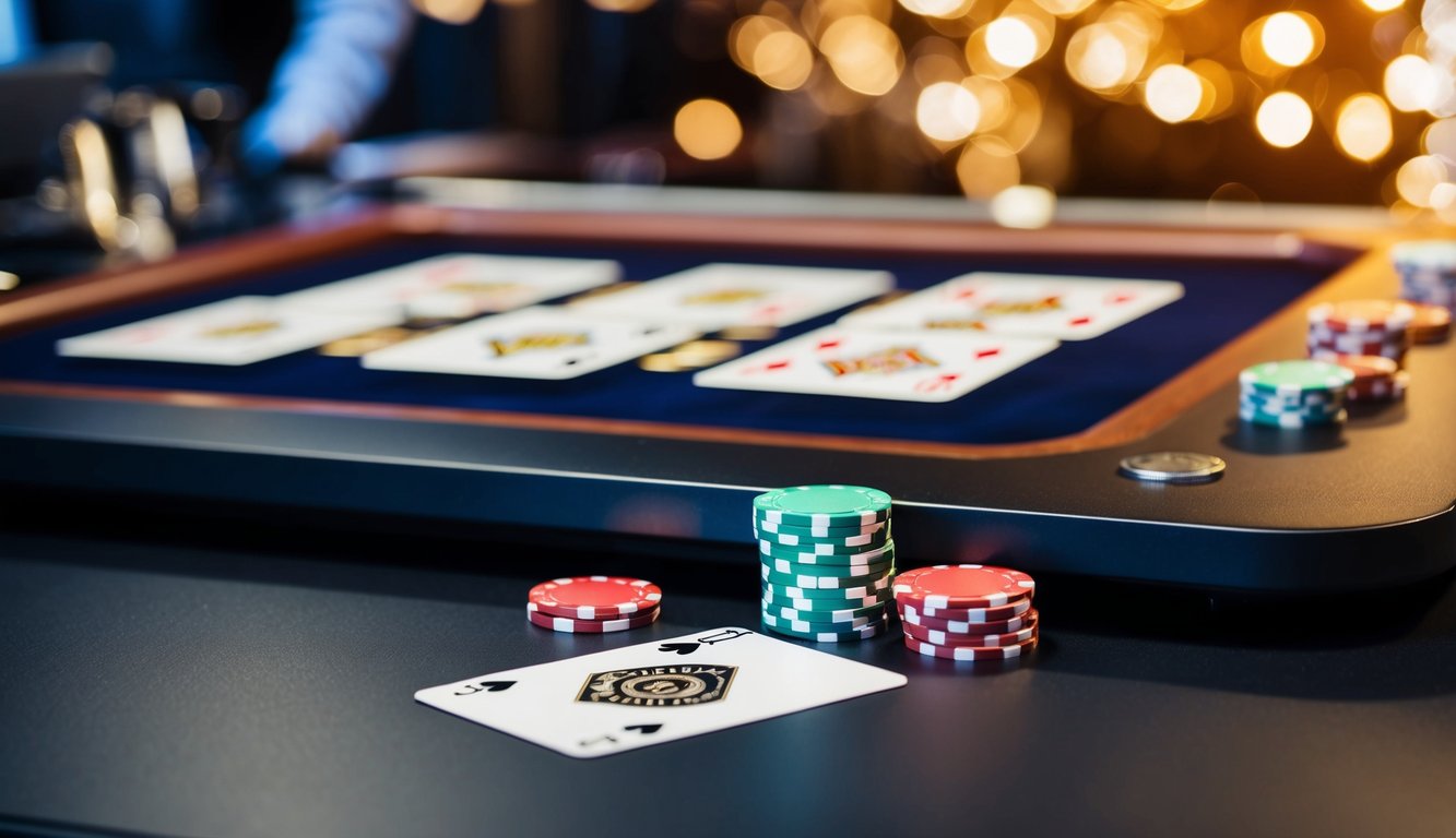 Meja blackjack virtual dengan kartu dan chip di layar komputer