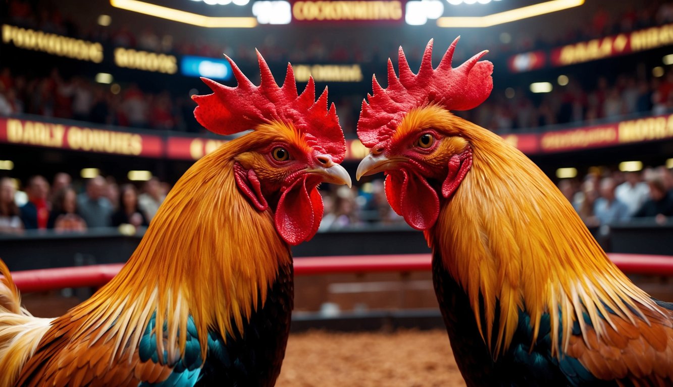 Dua ayam jantan berhadapan di arena sabung ayam online yang ramai dan berwarna-warni, dikelilingi oleh bonus harian dan promosi yang menggoda