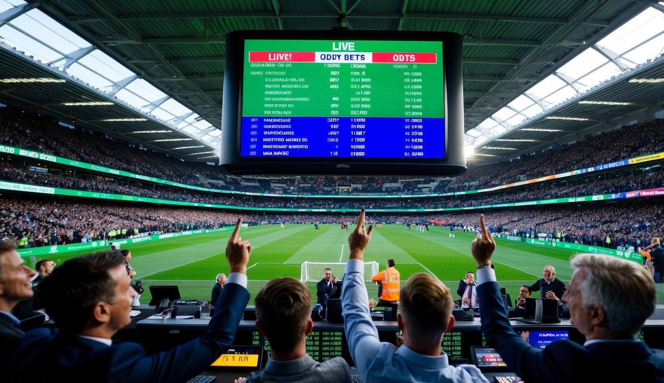 Stadion olahraga dengan layar digital yang menampilkan peluang langsung, dikelilingi oleh penggemar yang bersemangat dan bandar yang menerima taruhan