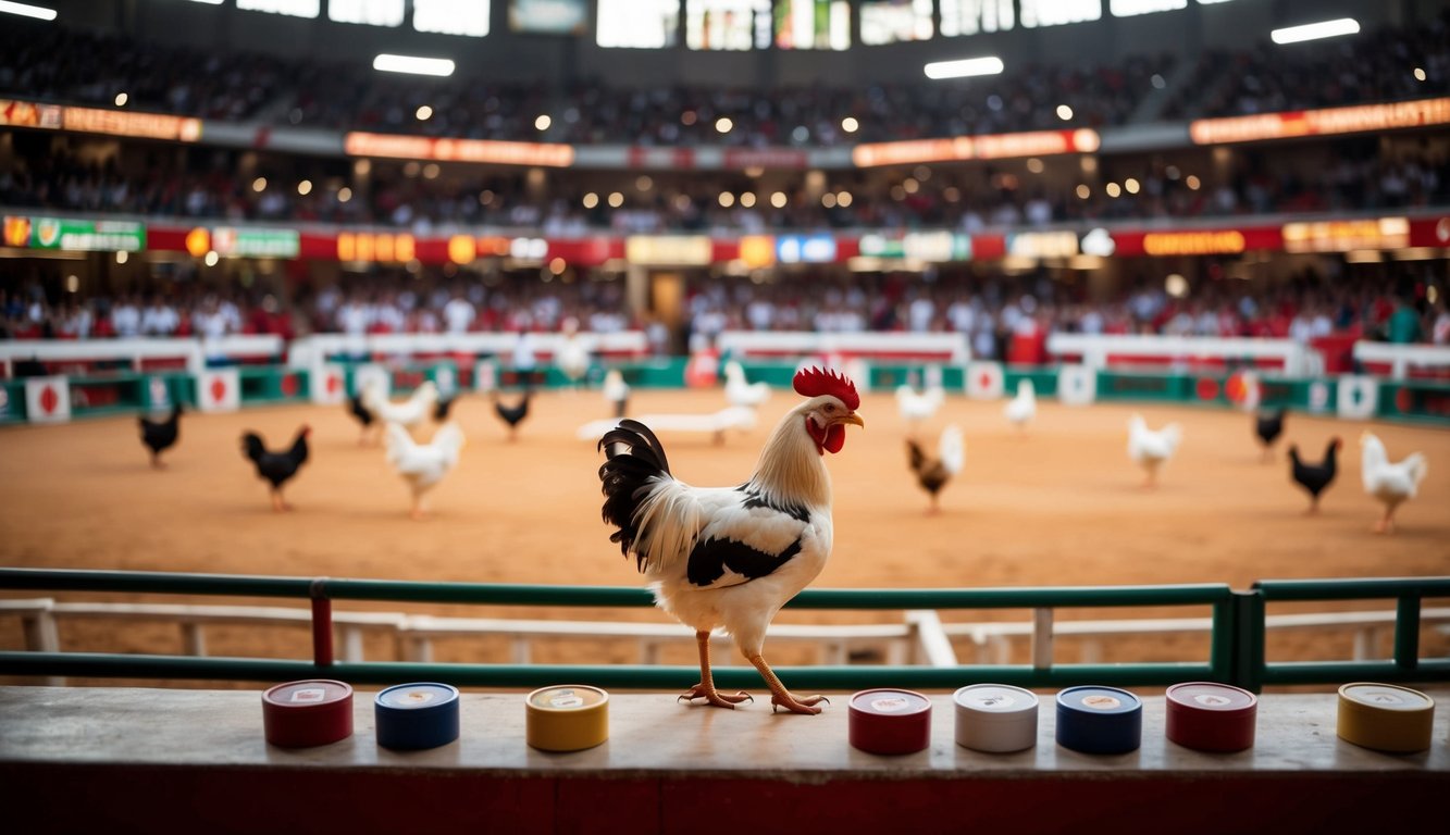 Arena sabung ayam yang ramai dengan berbagai pertandingan dan opsi taruhan