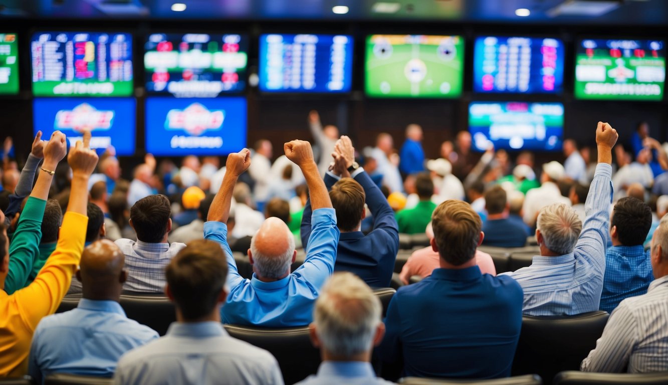 Sebuah sportsbook yang ramai dengan orang-orang bersorak dan menonton beberapa layar yang menampilkan peluang langsung untuk berbagai acara olahraga