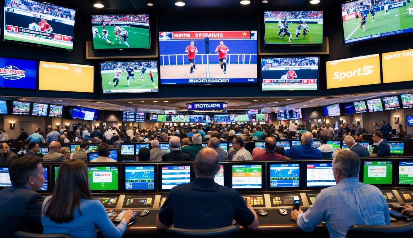 Sebuah sportsbook yang ramai dengan banyak layar menampilkan berbagai acara olahraga. Suasana ceria dengan orang-orang yang memasang taruhan dan menikmati permainan.