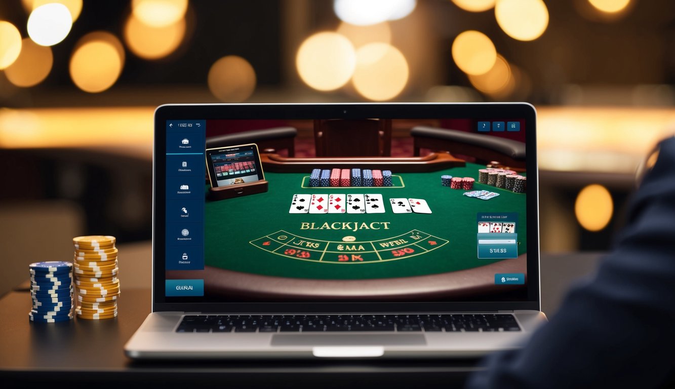 Sebuah layar digital dengan meja blackjack virtual, kartu, dan chip