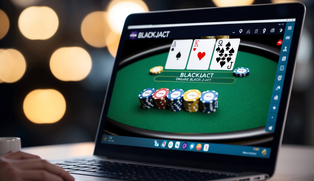 Sebuah layar digital menampilkan permainan blackjack online dengan chip dan kartu virtual pada antarmuka yang ramping dan modern.