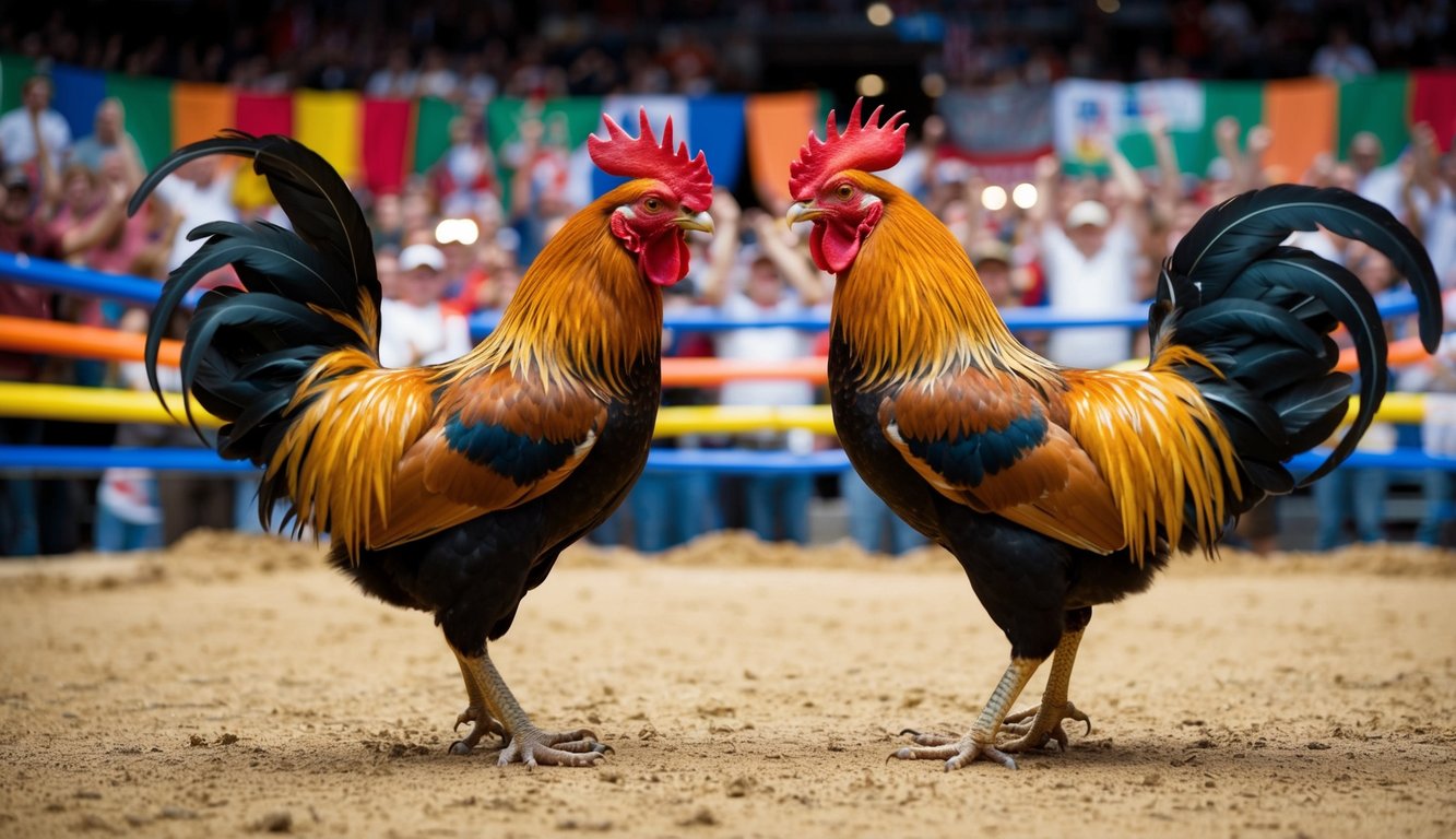 Dua ayam jantan berhadapan di arena yang ramai, dikelilingi oleh penonton yang bersorak dan spanduk berwarna-warni