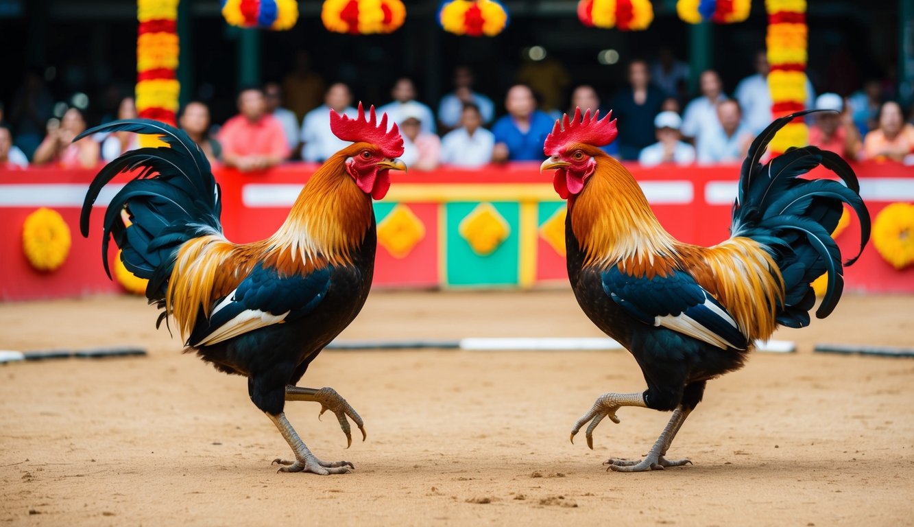 Dua ayam jantan berhadapan di arena sabung ayam tradisional Indonesia, dikelilingi oleh penonton yang bersorak-sorai dan dekorasi berwarna-warni