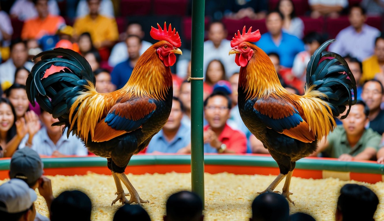 Dua ayam jantan berhadapan di arena sabung ayam online yang ramai, dikelilingi oleh penonton yang bersorak dan aktivitas taruhan yang ramai.