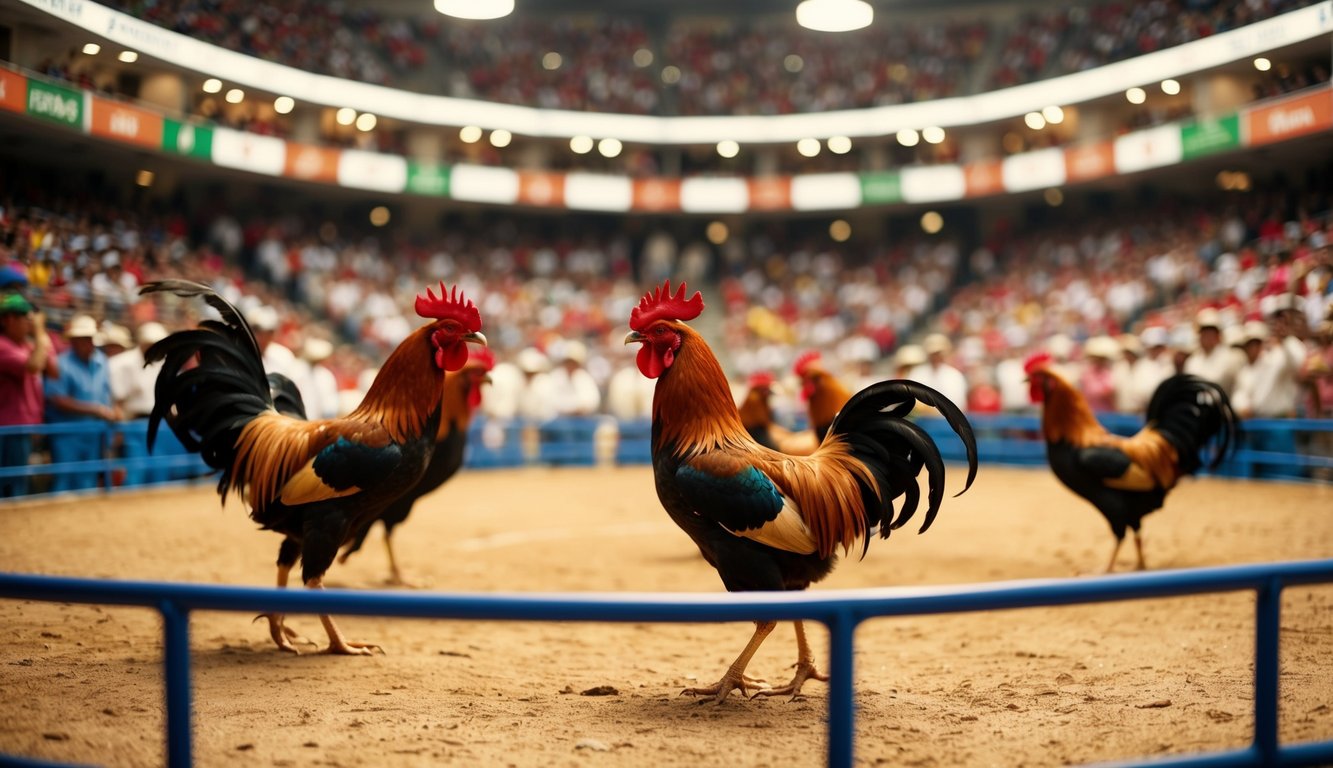 Sebuah arena sabung ayam resmi yang ramai dengan penonton yang bersorak dan ayam jantan berwarna-warni di tengah ring