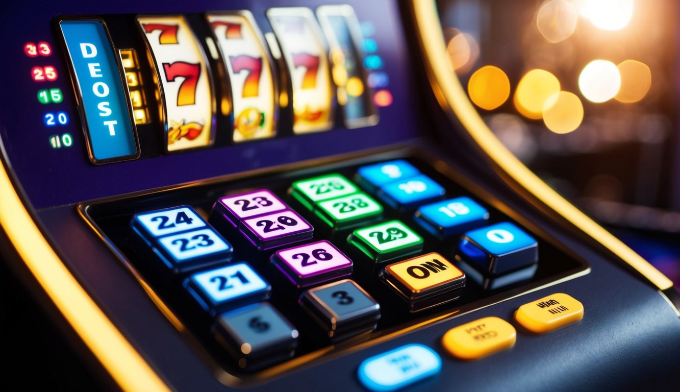 Mesin slot online yang berwarna-warni dengan keypad yang bercahaya dan tombol deposit yang berdenyut