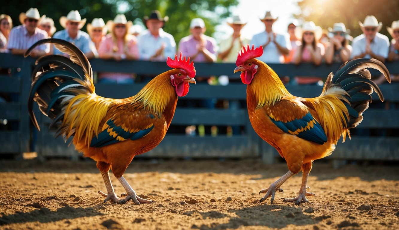 Dua ayam jantan berhadapan di arena tanah yang dikelilingi oleh penonton yang bersorak. Matahari bersinar pada bulu-bulu berwarna-warni dari burung-burung tersebut saat mereka bersiap untuk bertarung.