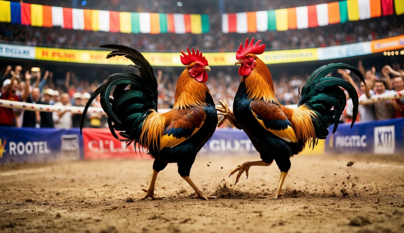 Sebuah arena yang kacau dengan dua ayam jantan terkunci dalam pertempuran, dikelilingi oleh penonton yang bersorak dan spanduk berwarna-warni