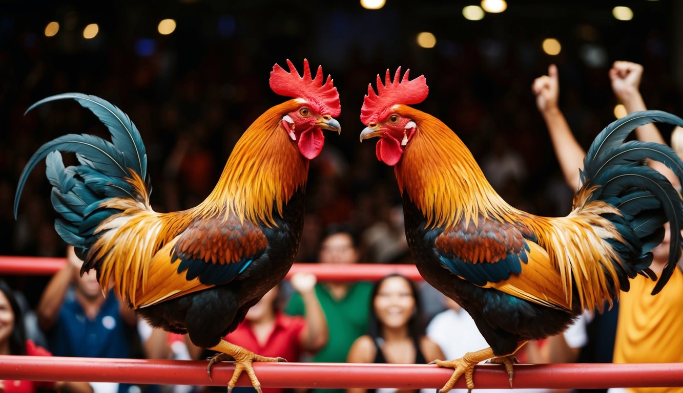 Dua ayam jantan berhadapan di arena sabung ayam, dikelilingi oleh penonton yang bersorak.