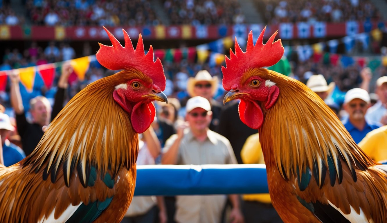 Dua ayam jantan berhadapan di arena yang ramai, dikelilingi oleh penonton yang bersorak dan spanduk berwarna-warni. Matahari memancarkan cahaya hangat di atas pemandangan tersebut.