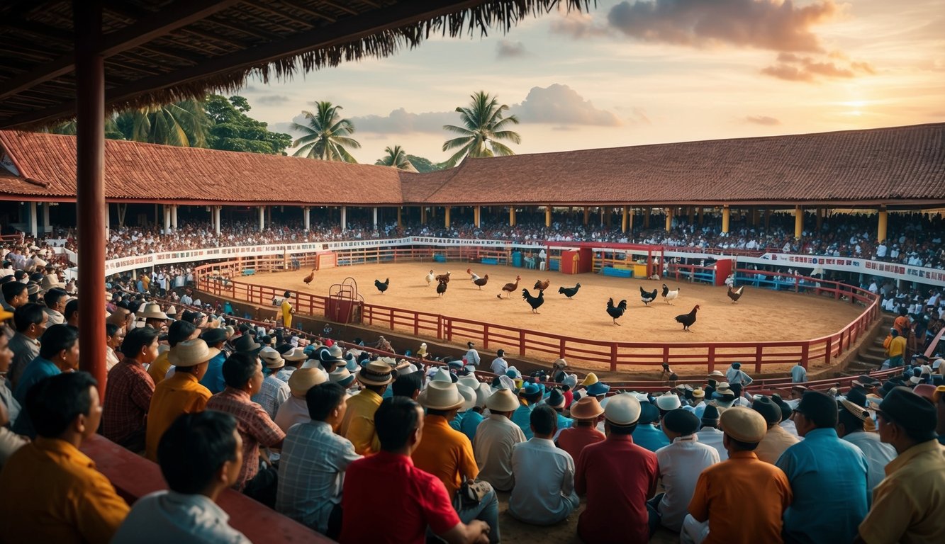 Ilustrasi realistis dari arena sabung ayam dalam setting tradisional Indonesia, dengan warna-warna cerah dan kerumunan yang detail