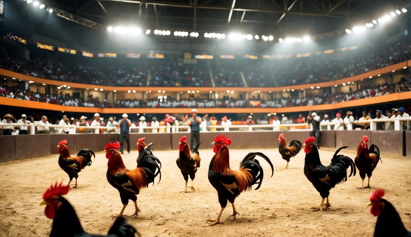 Sebuah arena sabung ayam resmi yang ramai dengan penonton yang bersorak dan ayam jantan berwarna-warni di dalam ring