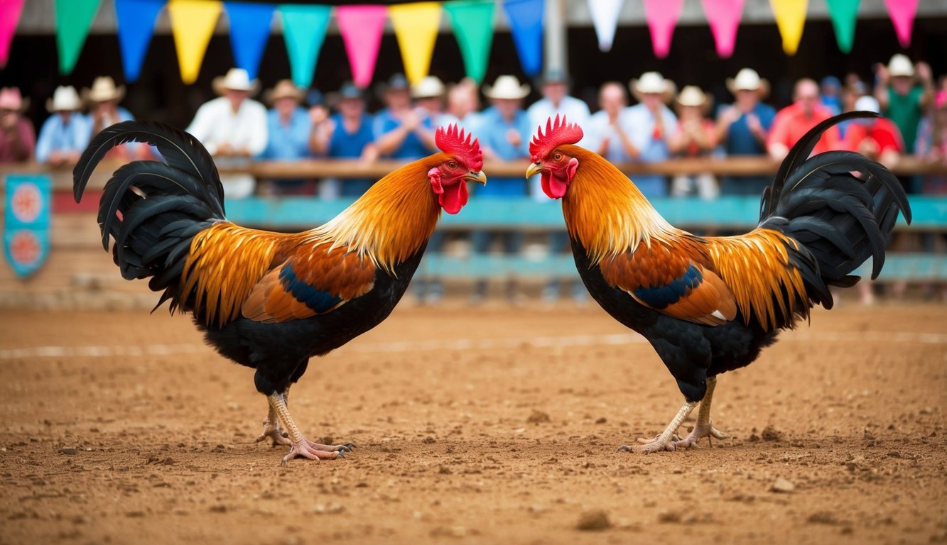 Dua ayam jantan berhadapan di arena tanah, dikelilingi oleh penonton yang bersorak dan spanduk berwarna-warni