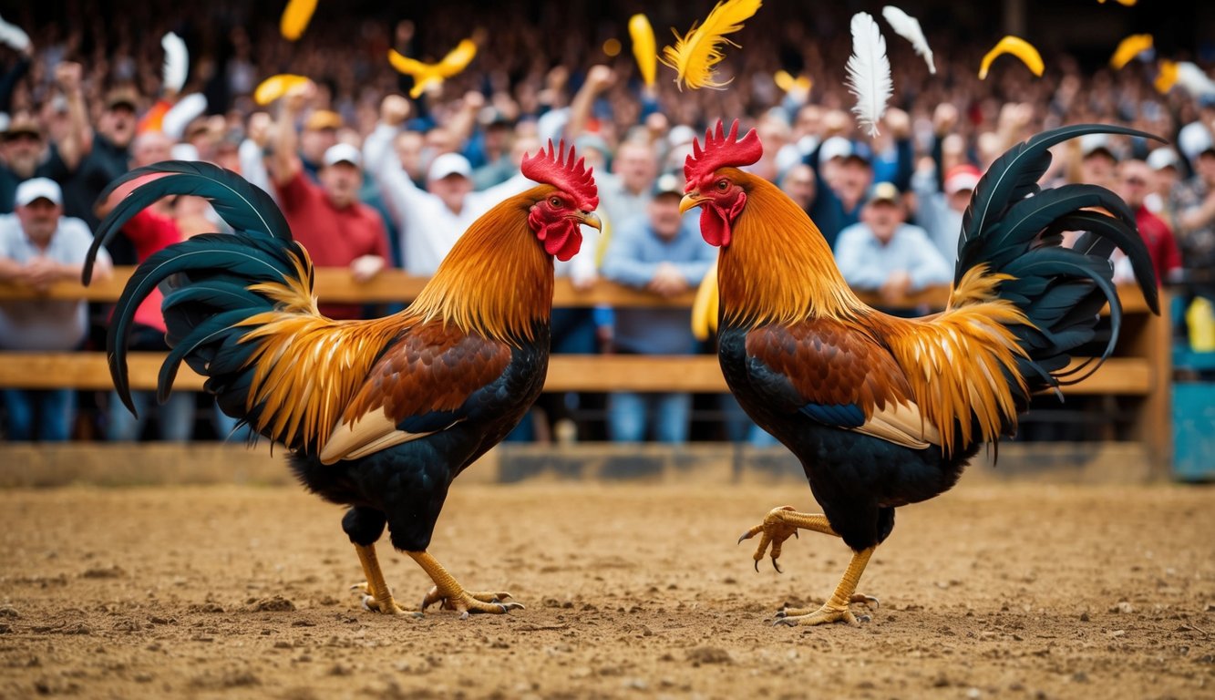 Sebuah arena yang ramai dengan penonton yang bersorak, dua ayam jantan berhadapan dalam pertarungan sengit, bulu-bulu beterbangan di udara