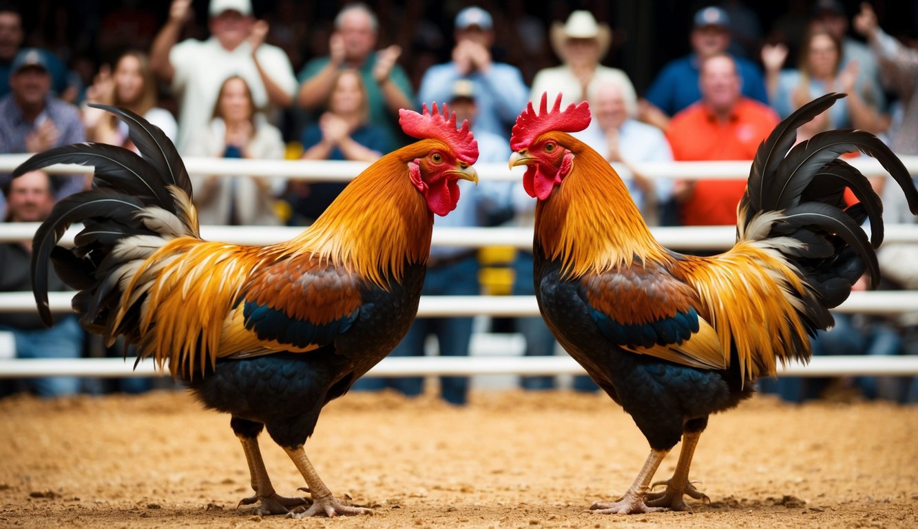 Dua ayam jantan saling berhadapan di arena yang ramai, dikelilingi oleh penonton yang bersorak