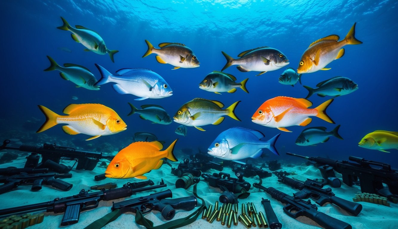 Sekelompok ikan berwarna-warni berenang di dunia bawah laut yang penuh warna, dengan berbagai senjata dan amunisi yang tersebar di sekitarnya.