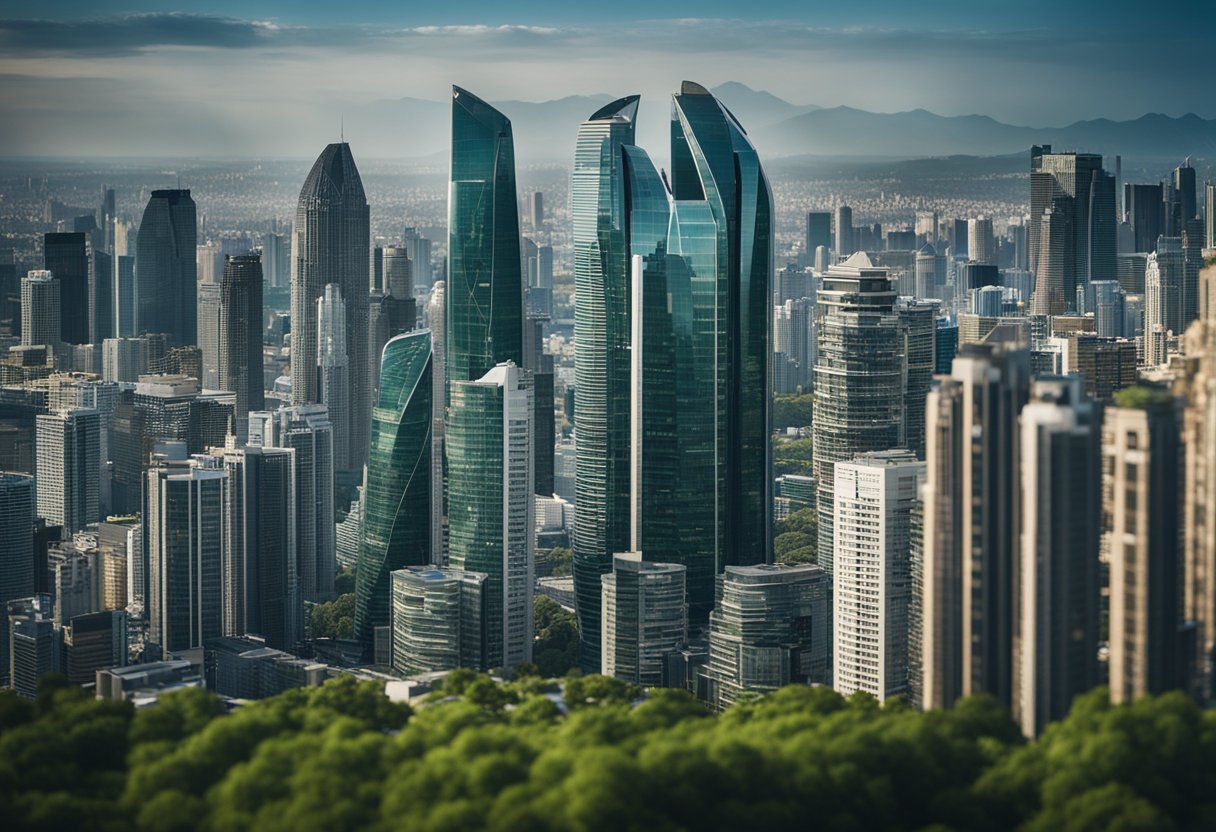 A bustling city skyline with futuristic skyscrapers and green spaces, showcasing the potential prime CRE opportunities in 2025