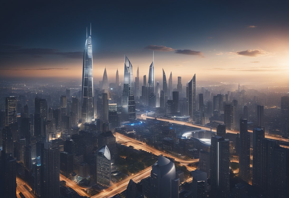 A futuristic city skyline with sleek, towering skyscrapers and bustling streets filled with modern architecture and advanced infrastructure