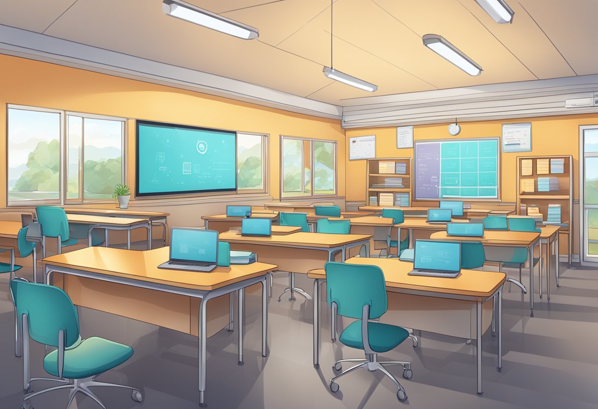 A classroom setting with AI-Powered Educational Tools organizing and managing administrative tasks, allowing the teacher to focus on student engagement