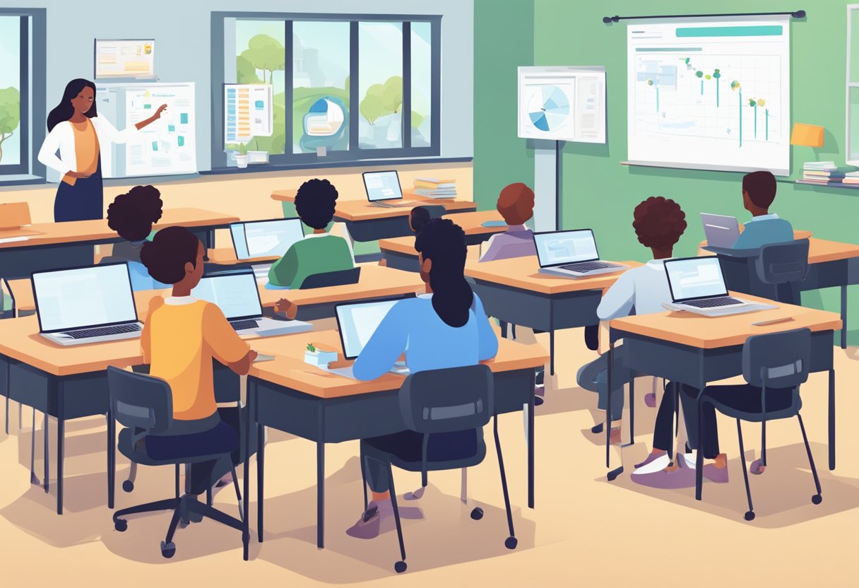 A classroom setting with AI-powered tools organizing and managing administrative tasks, while a teacher focuses on instructing students