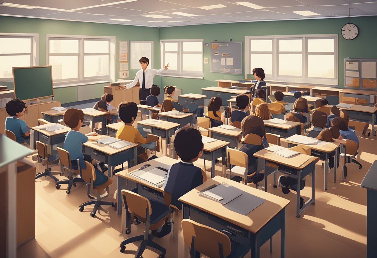 A classroom setting with a teacher and students, where AI technology is causing confusion and frustration among the students