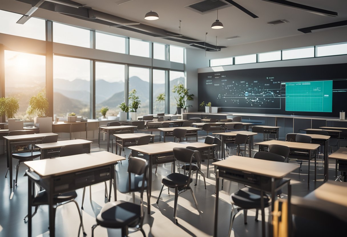 A classroom setting with AI technology integrated into the learning environment, showing both the potential benefits and drawbacks of its use in education