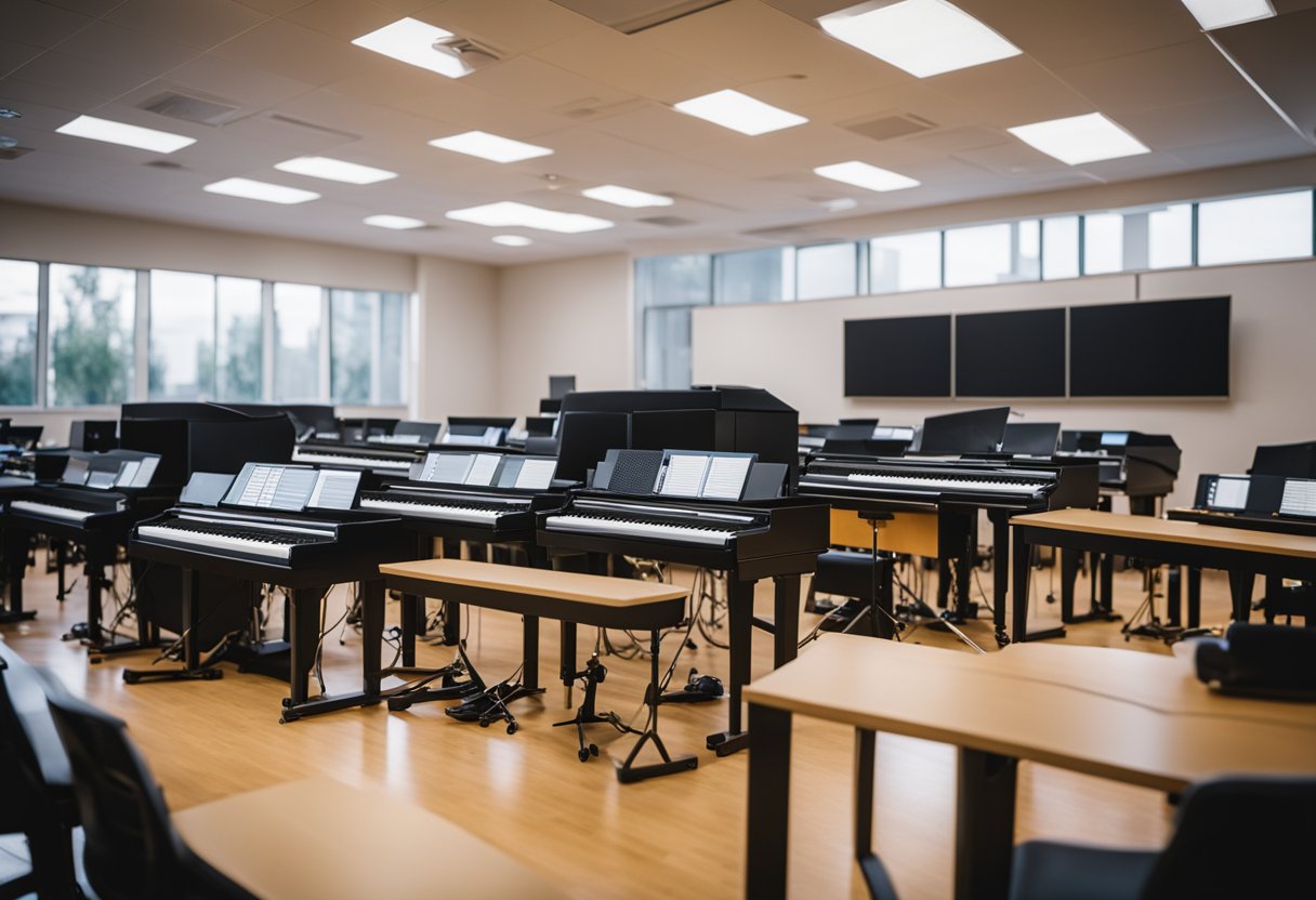 A classroom setting with musical instruments and AI devices assisting in music education
