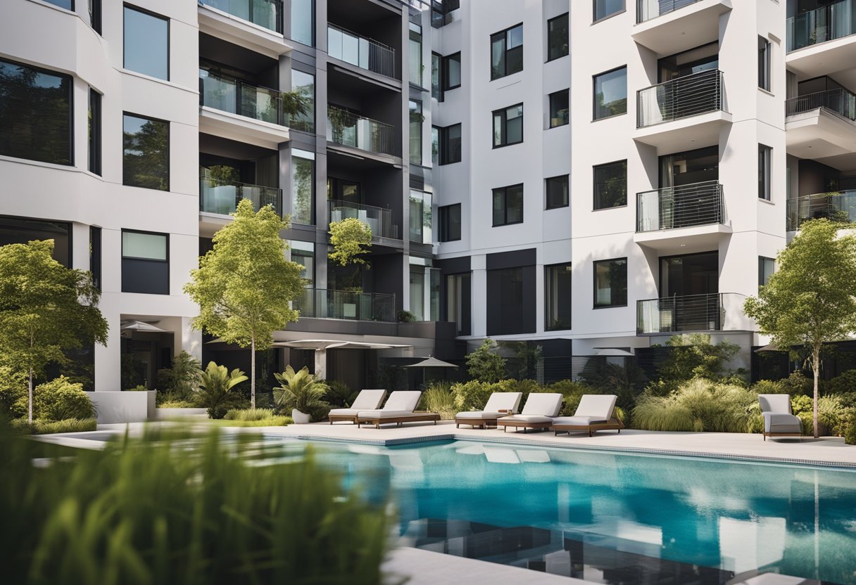 A group of modern, high-quality rental properties with amenities like a pool, gym, and communal spaces. The buildings are surrounded by greenery and located in a convenient urban area